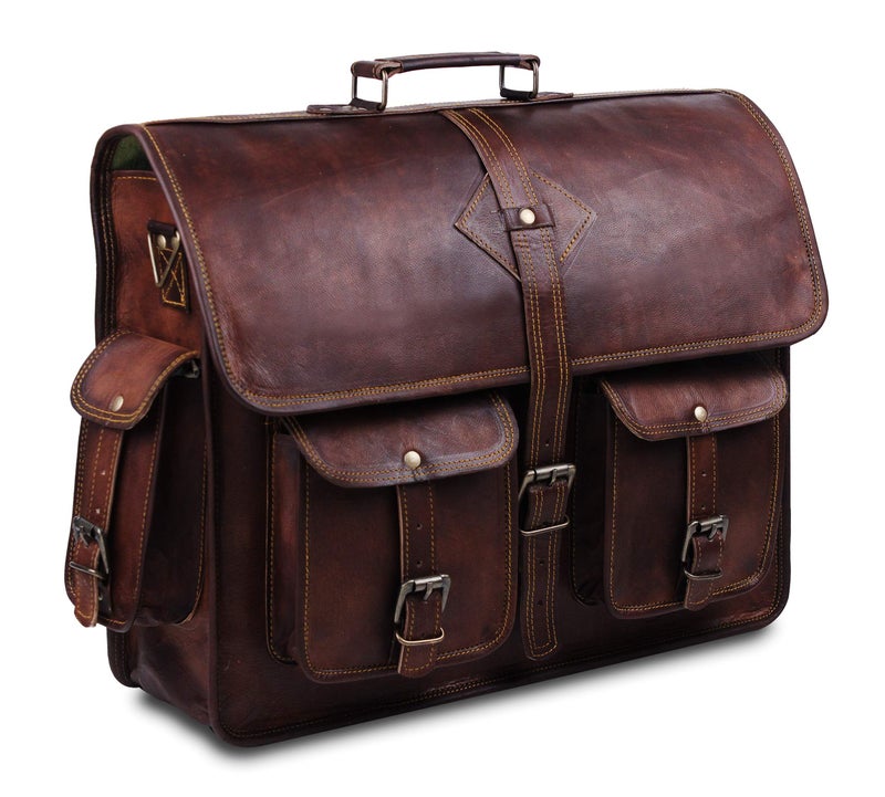 HULSH Vintage Leather Laptop Bag for Men Full Grain Large Leather Messenger bag for men 18 inches with rustic look Brown briefcase (Brown) - Image 4